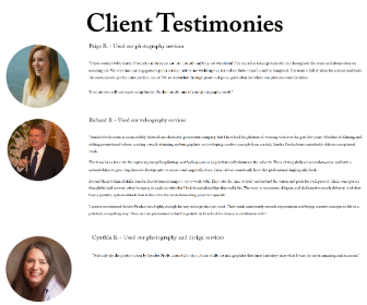 Client testimonials page with three photos of people and text, titled 'Client Testimonies'.