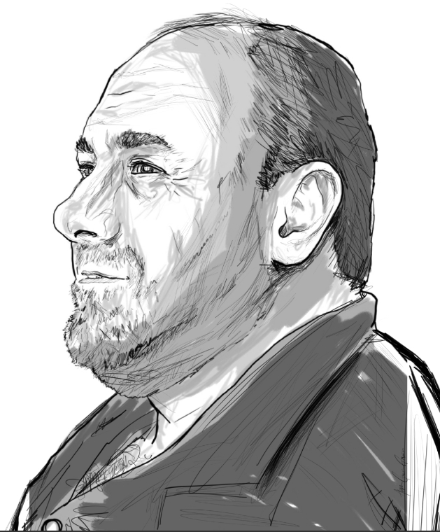 Sketch of a man with a beard and short hair, facing left, wearing a jacket.