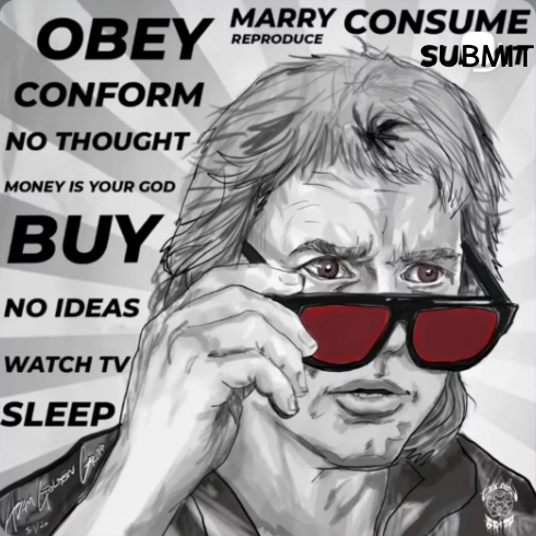 Person with glasses, surrounded by words like obey, buy, conform, and sleep, in black and white. Alt text word count: 20.