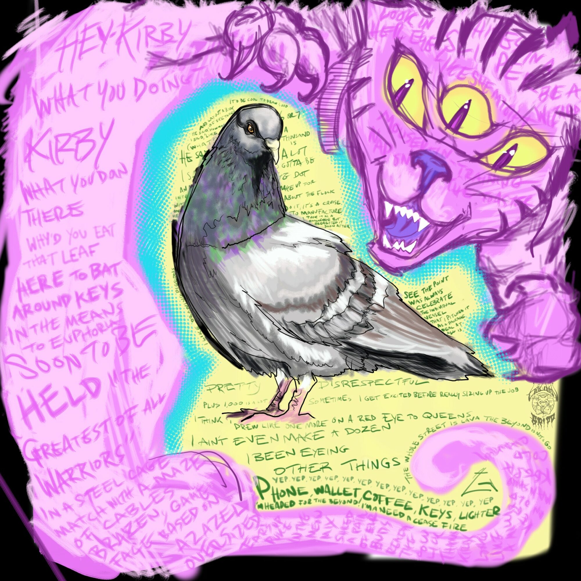A pigeon stands in front of a colorful, illustrated background with a large purple creature and handwritten notes.