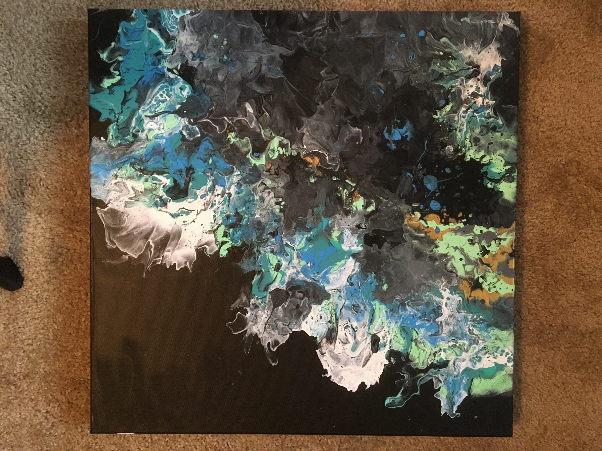 Abstract painting with black, blue, green, and white colors in swirling patterns.