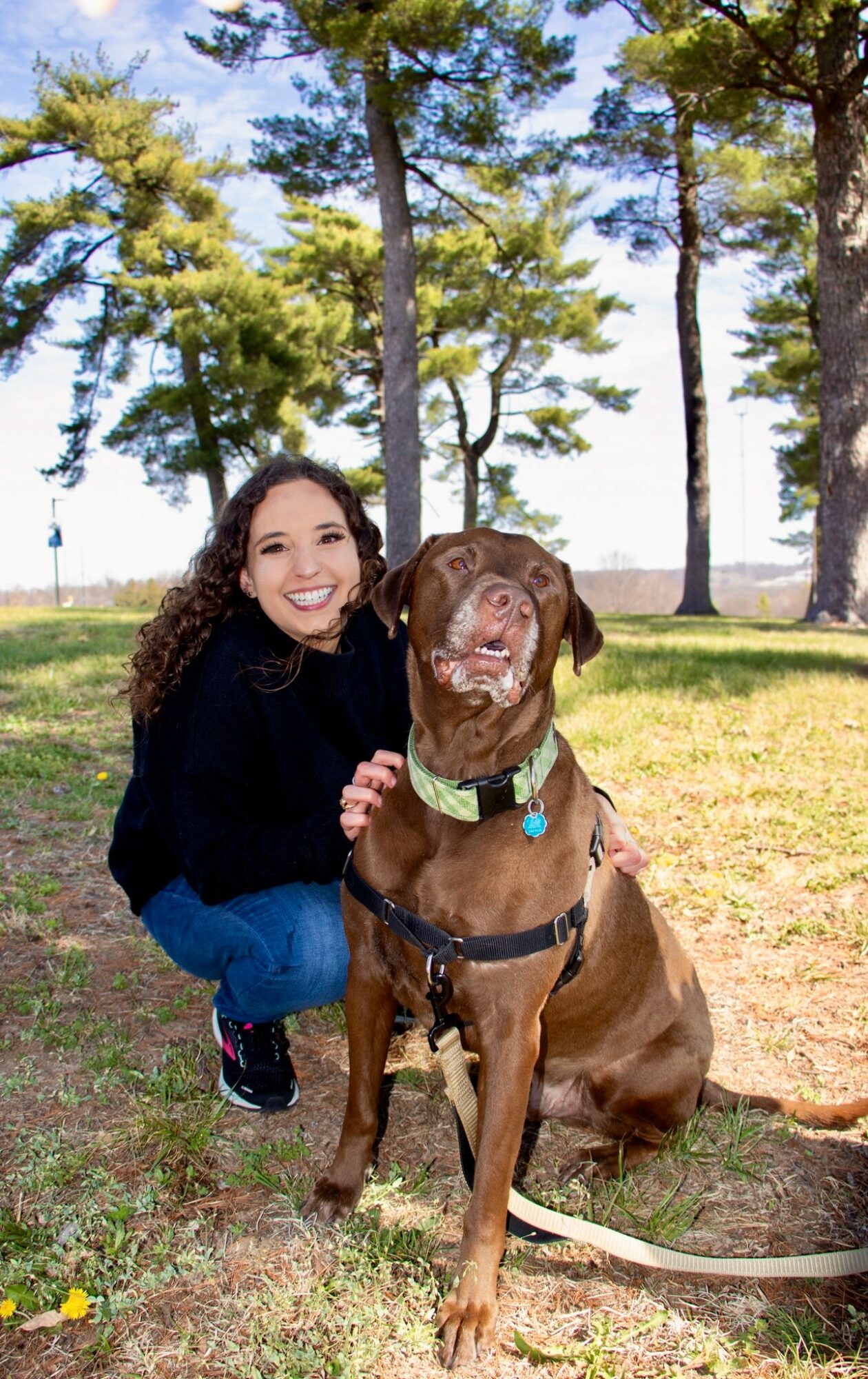 Woman kneeling next to a brown dog with a harness in a park with trees and grass.
