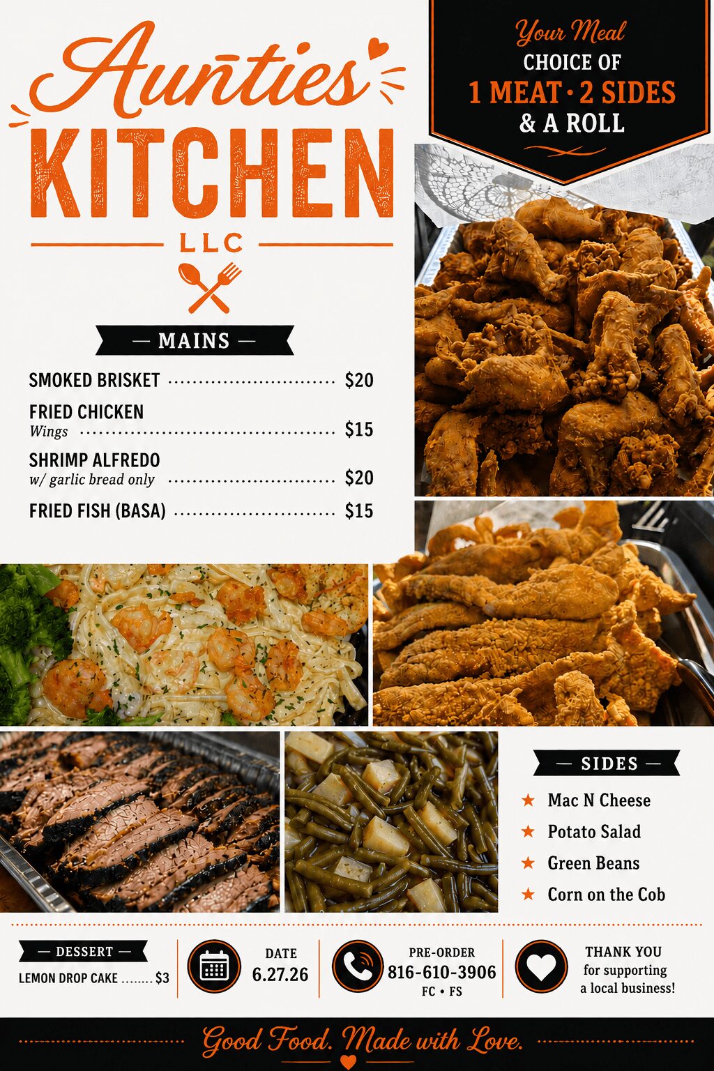 Menu with fried chicken, sides, and desserts, featuring a fried chicken plate and a meat choice with sides.