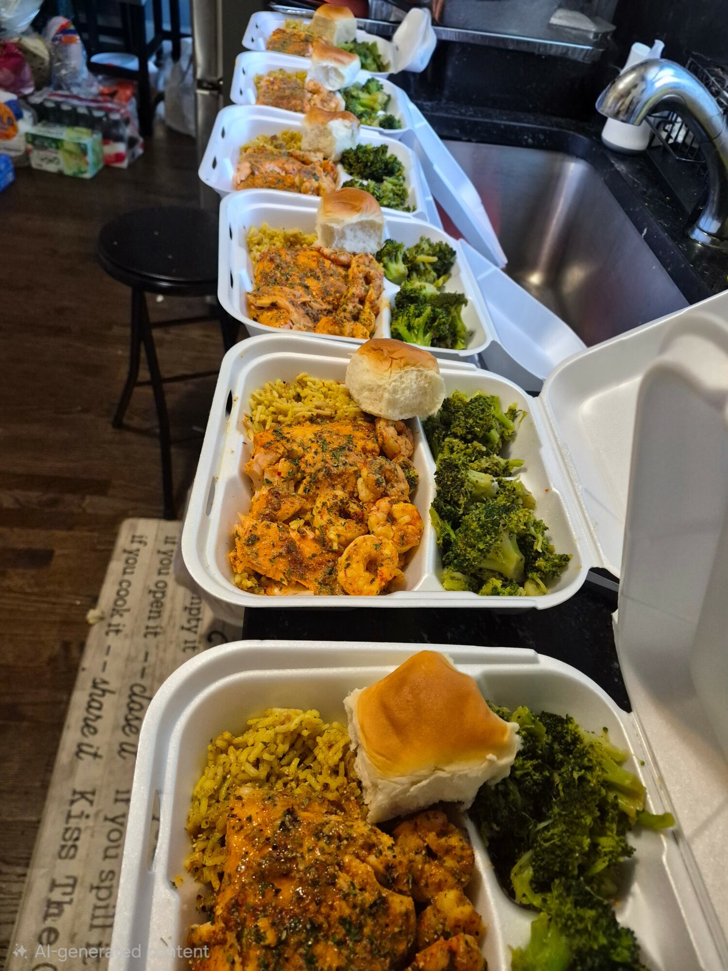 Multiple meal containers with rice, vegetables, and bread lined up on a counter in a kitchen.