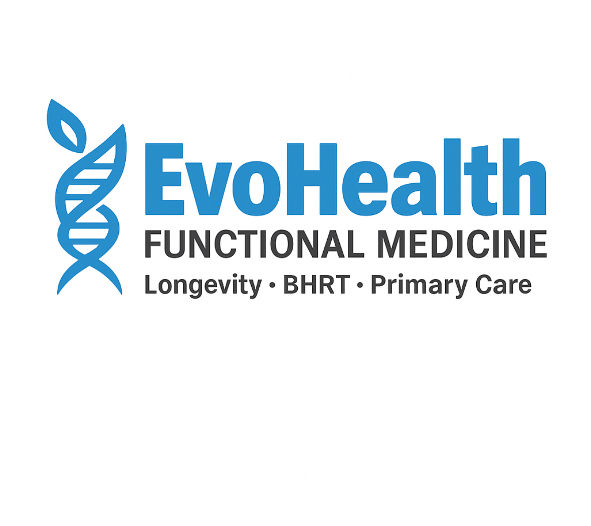 EvoHealth logo with DNA strand, text, and tagline about longevity, primary care, and functional medicine.