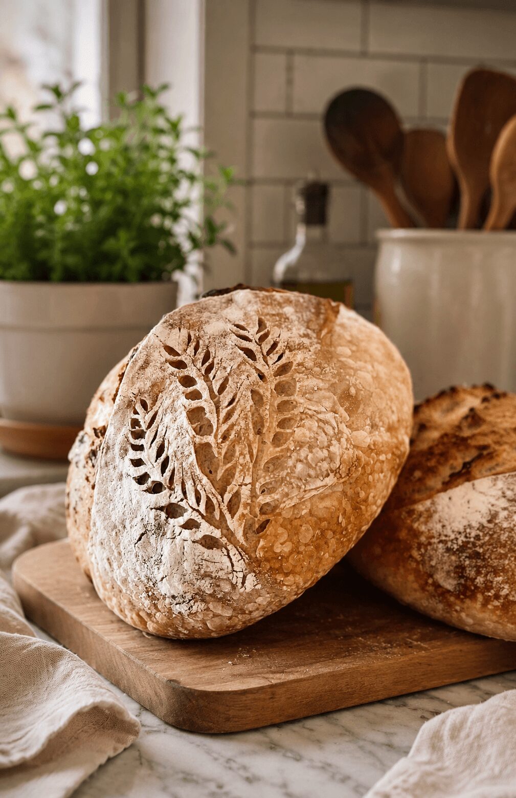Loaf of bread on a wooden cutting board with kitchen items and a plant in the background