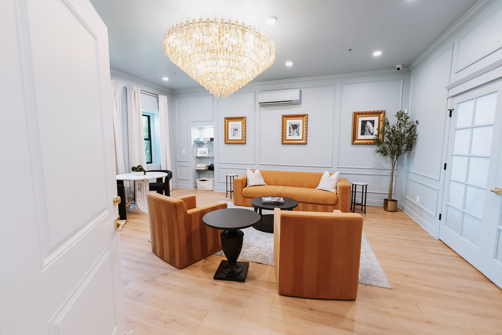 Living room with a chandelier, white walls, wooden floor, sofa, armchairs, and a potted plant.