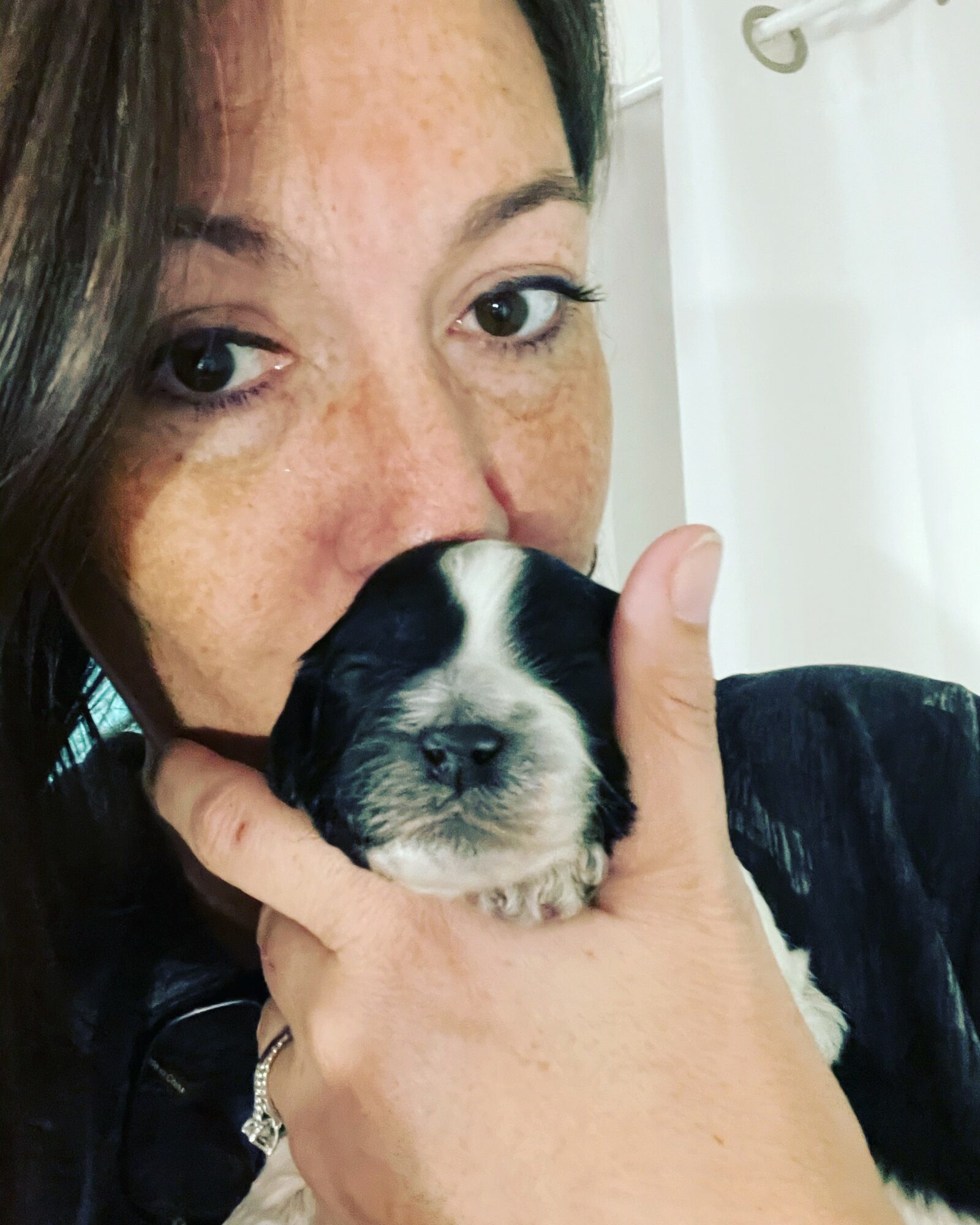 Person holding a small black and white puppy close to their face, partially covering their mouth, in front of a white curtain.
