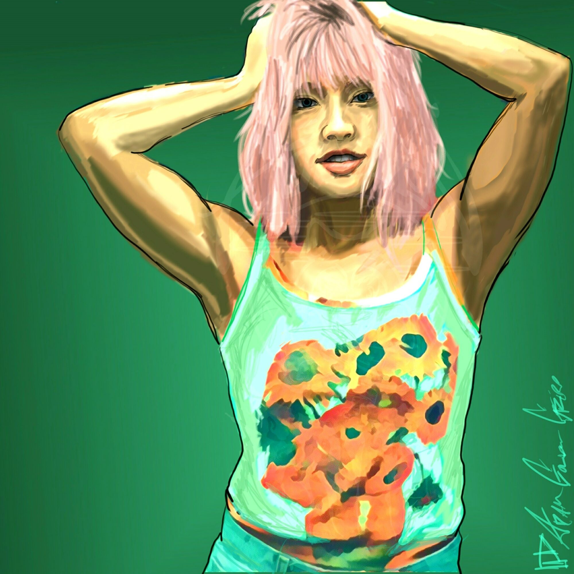 Woman with pink hair wearing a colorful tank top, arms raised behind her head, standing against a green background.