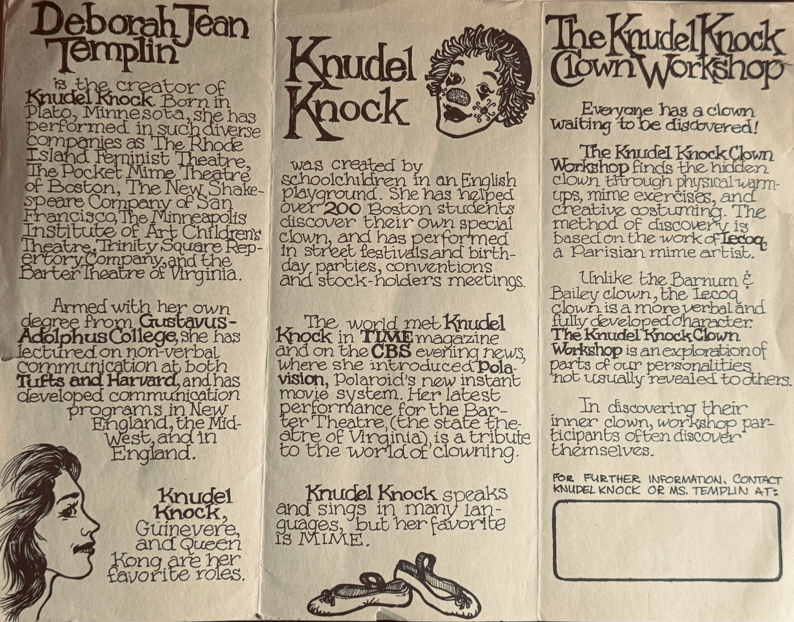 Text about Deborah Jean Templin, Knudel Knock, and workshop, with a small illustration of a person's profile and a hand holding a pen.