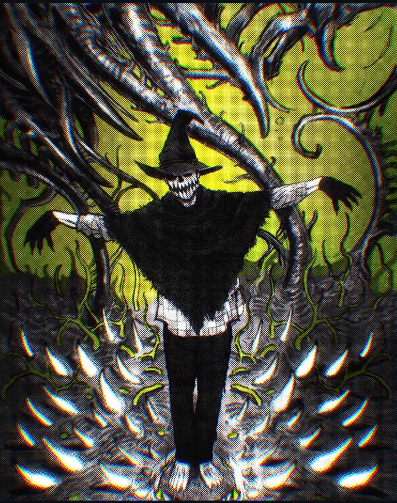 A skeleton dressed as a witch with a hat, surrounded by tentacle-like creatures and glowing fish, in a dark, surreal scene.