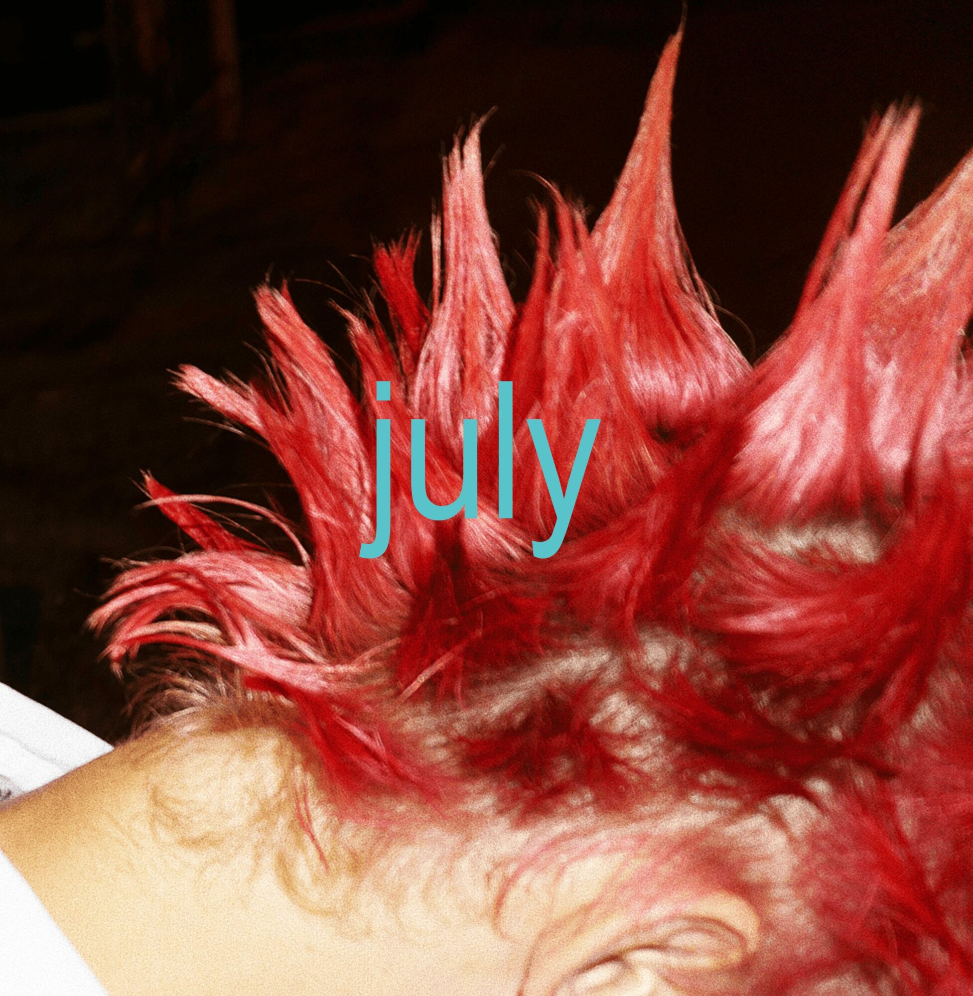 Person's hair styled in a spiky, bright red mohawk with the word 'july' overlaid, hair standing upright, background dark.