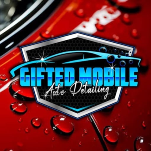 Logo with text 'Gifted Mobile Auto Detailing' on a red, water-droplet background.