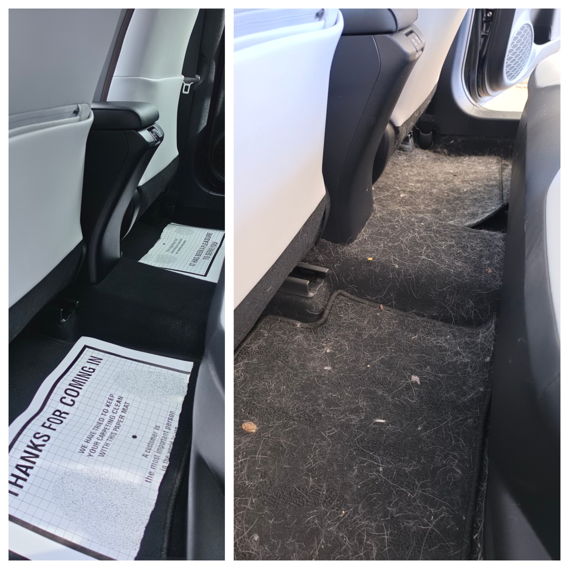 Comparison of clean and dirty car floor mats, showing difference in cleanliness and condition.