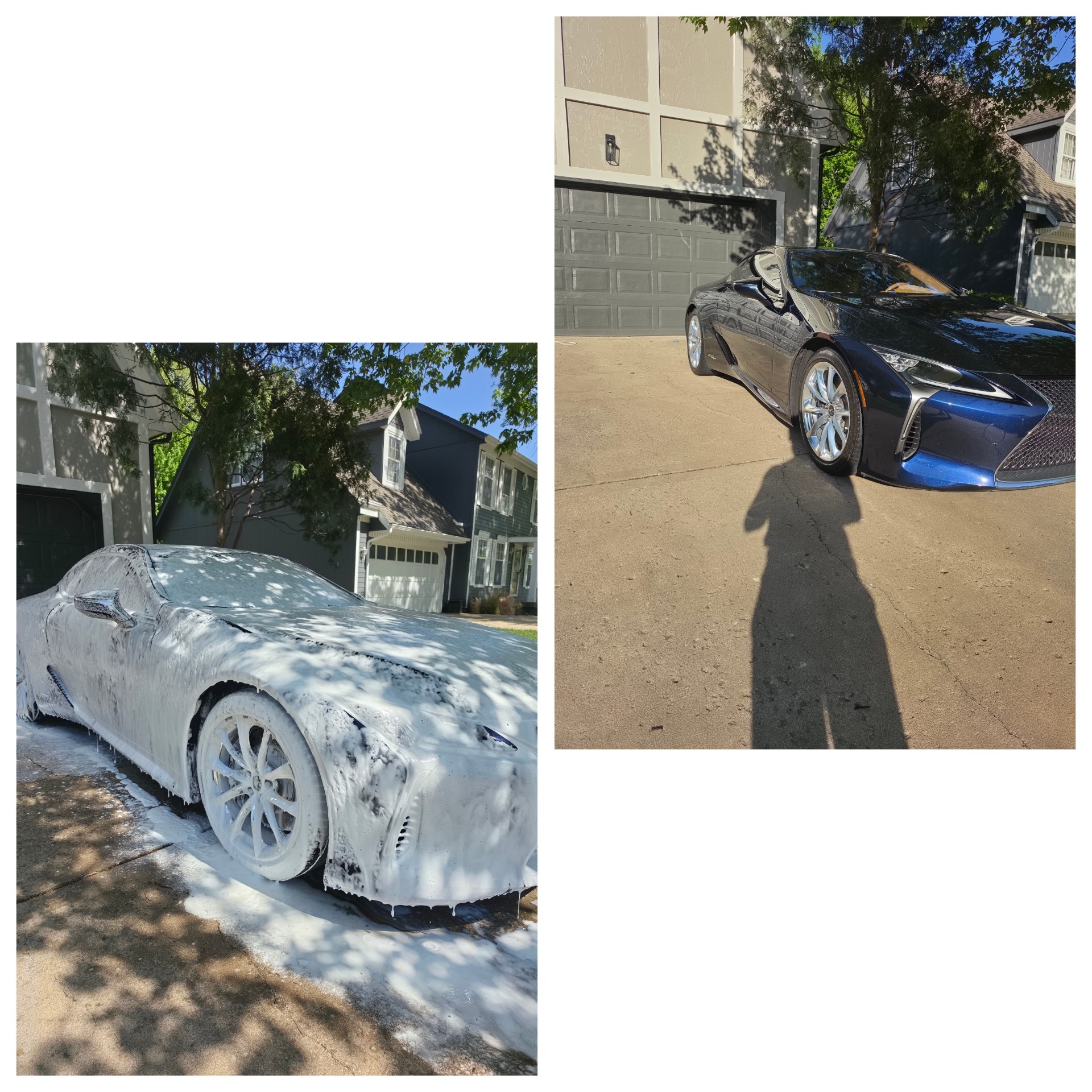 Two cars parked outdoors, one covered in soap suds and the other in shadow, with trees and buildings in the background.