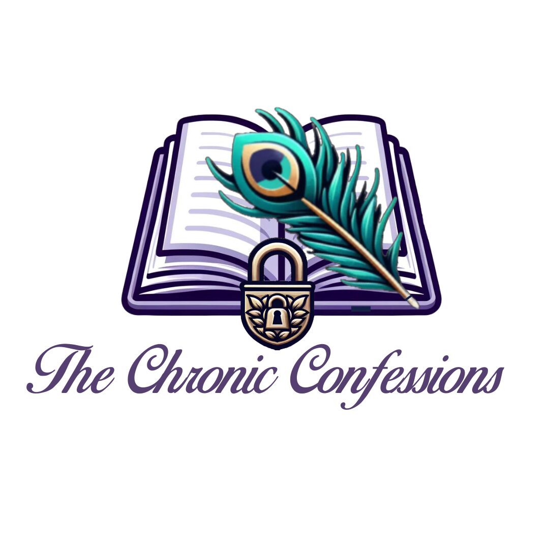 Open book with a peacock feather and a lock, with text 'The Chronic Confessions' below.