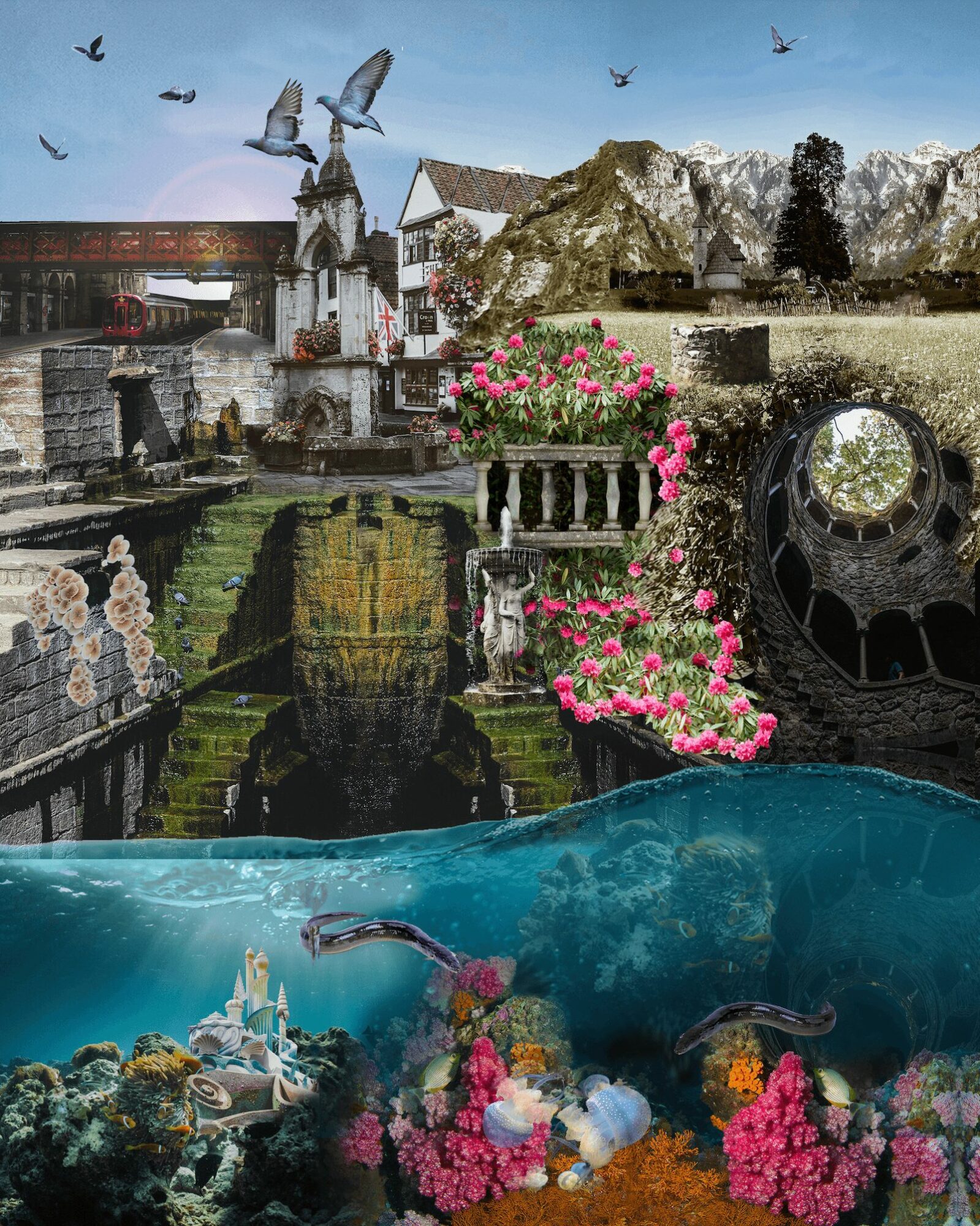 Scene with a waterfall, pink flowers, a boat, and mountains in the background under a blue sky with birds.