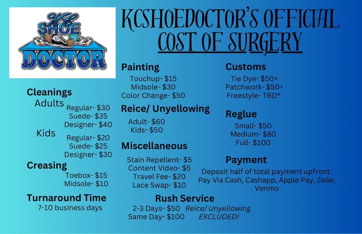 Text listing surgery costs, services, and payment details with a blue logo at the top.