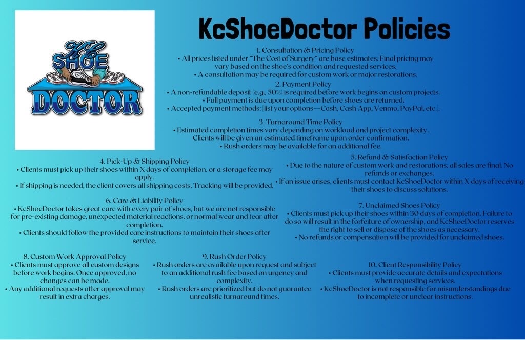 KcShoeDoctor Policies document with blue background and black text, including logo and headings.