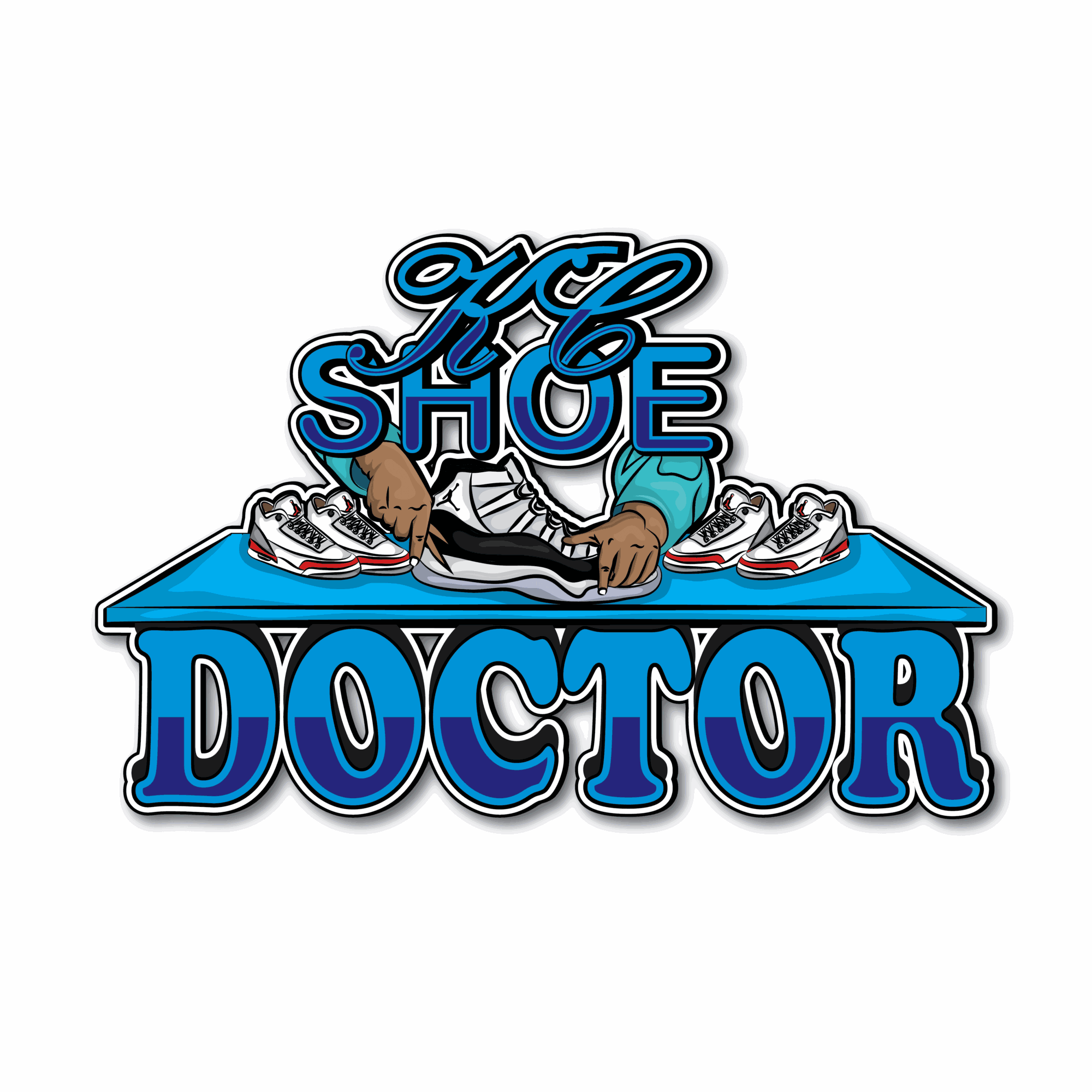 Logo with a person holding shoes, text 'Shoe' above and 'Doctor' below, on a blue table.