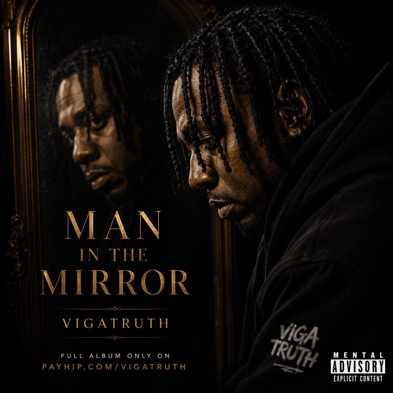 Man with dreadlocks looking into mirror, promotional poster for album 'Man in the Mirror' by Viga Truth, dark background.