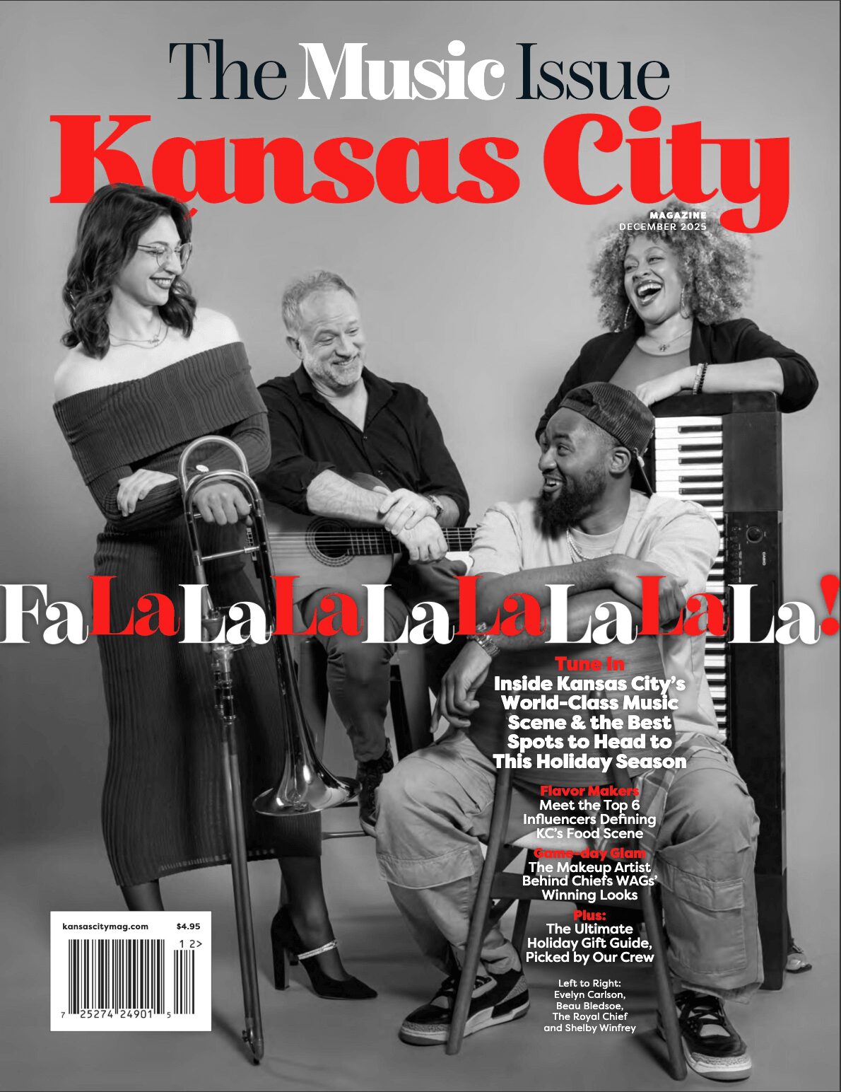 Four people smiling and sitting with musical instruments, black and white photo, Kansas City music issue cover.