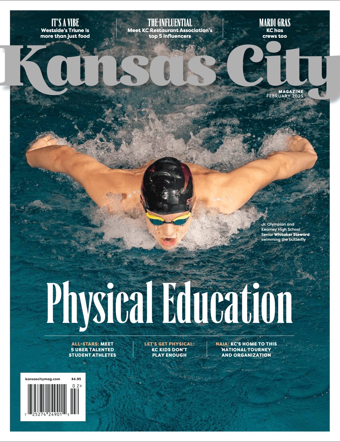 Swimmer in pool wearing goggles, arms extended, water splashing around, on magazine cover titled 'Kansas City' with 'Physical Education' headline.
