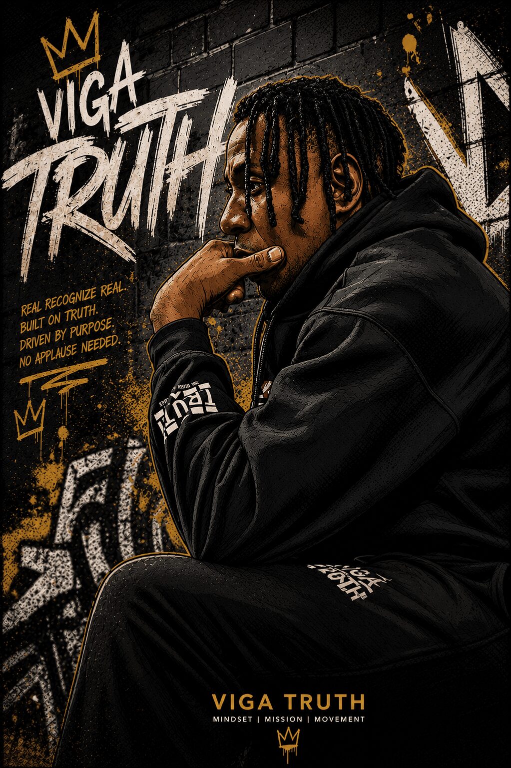 Young man with dreadlocks sitting against a graffiti-covered wall, wearing a black hoodie, with text and crown graphics around him.