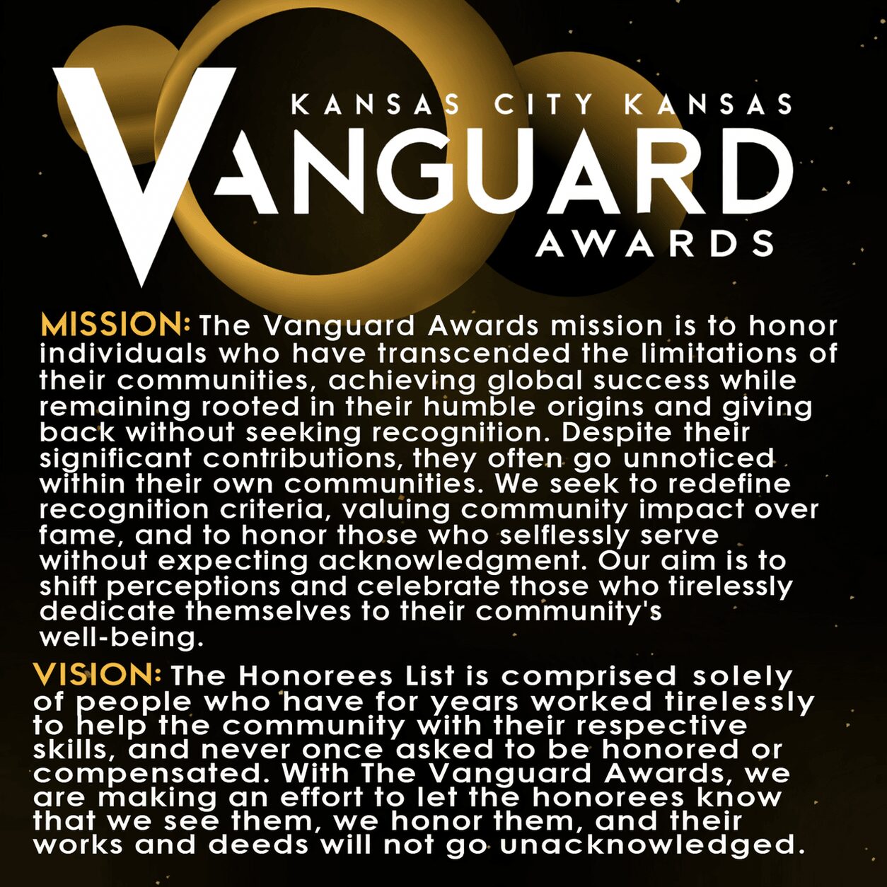 Vanguard Awards logo with mission and vision statements, gold and white text on black background, celebrating community achievement.
