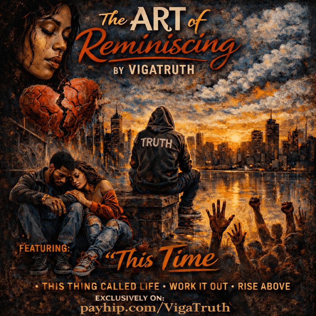 A woman with long dark hair looks down, a person with a hoodie labeled 'TRUTH' sits on a ledge overlooking a city skyline at sunset, and a crowd with raised hands is in the foreground.