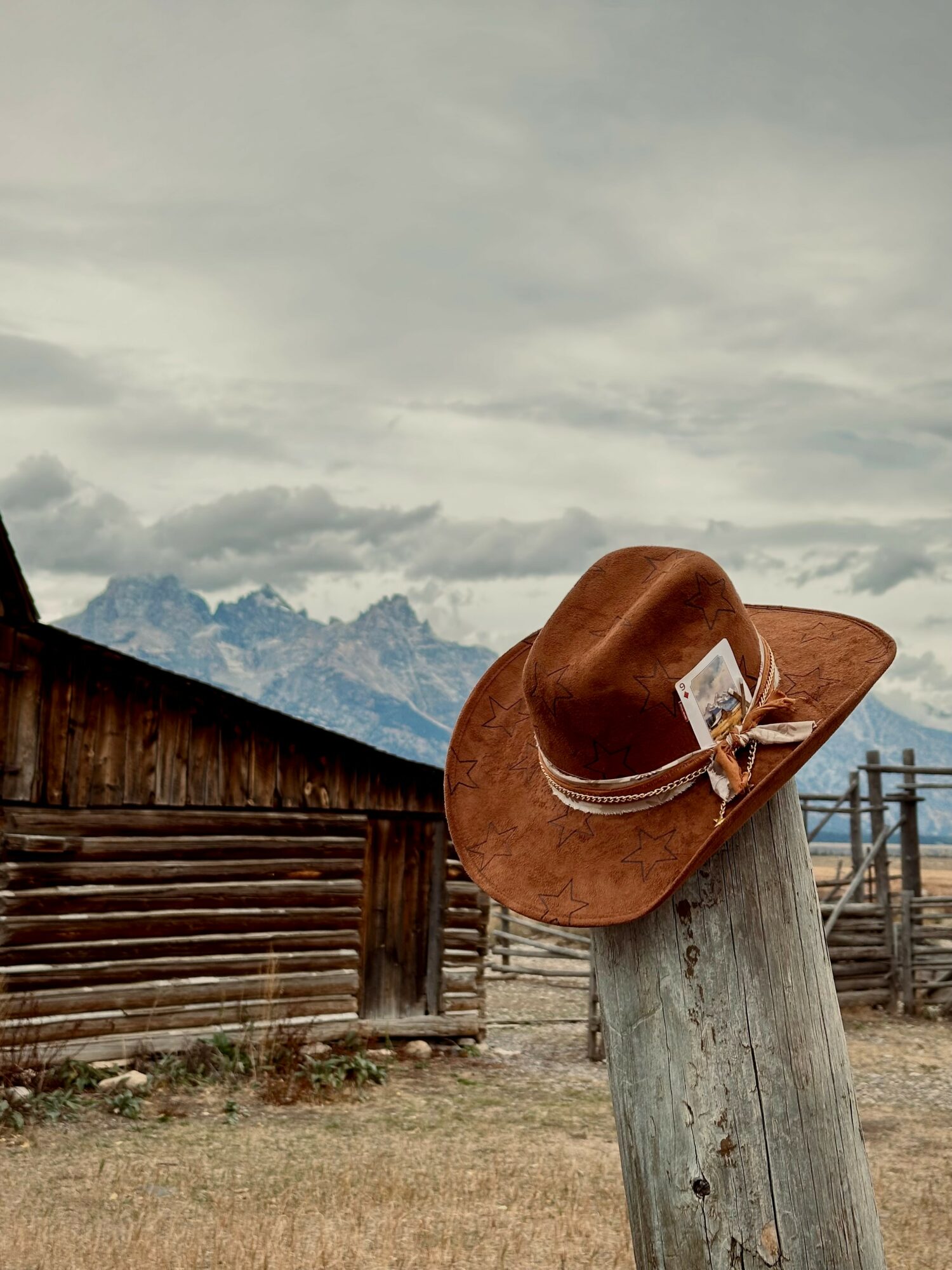 Brown hat with a ribbon and bow resting on a wooden post outdoors, with a cloudy sky and mountains in the background.