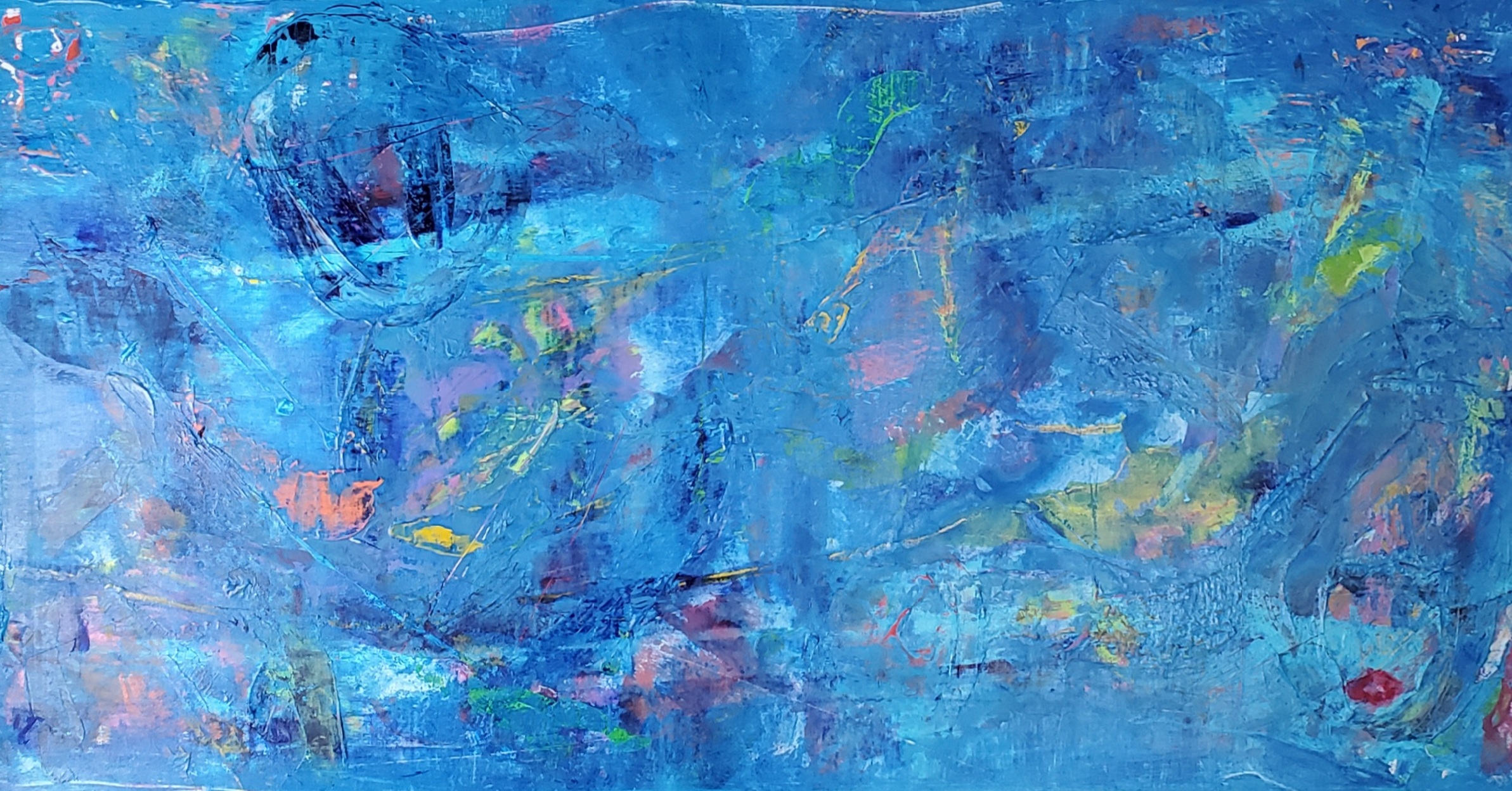Abstract painting with various shades of blue, with hints of pink, yellow, and purple, and textured brushstrokes.