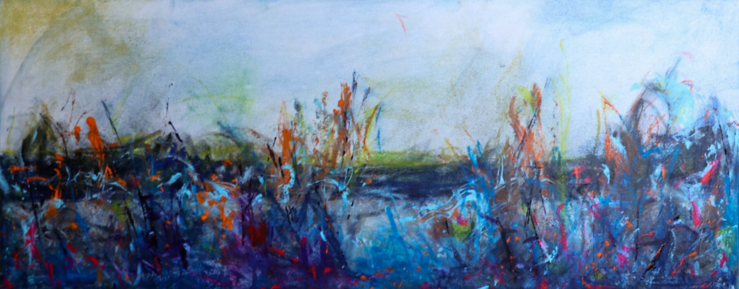 Abstract landscape with blue, orange, and green colors, resembling a field or natural scene, with a light sky above.
