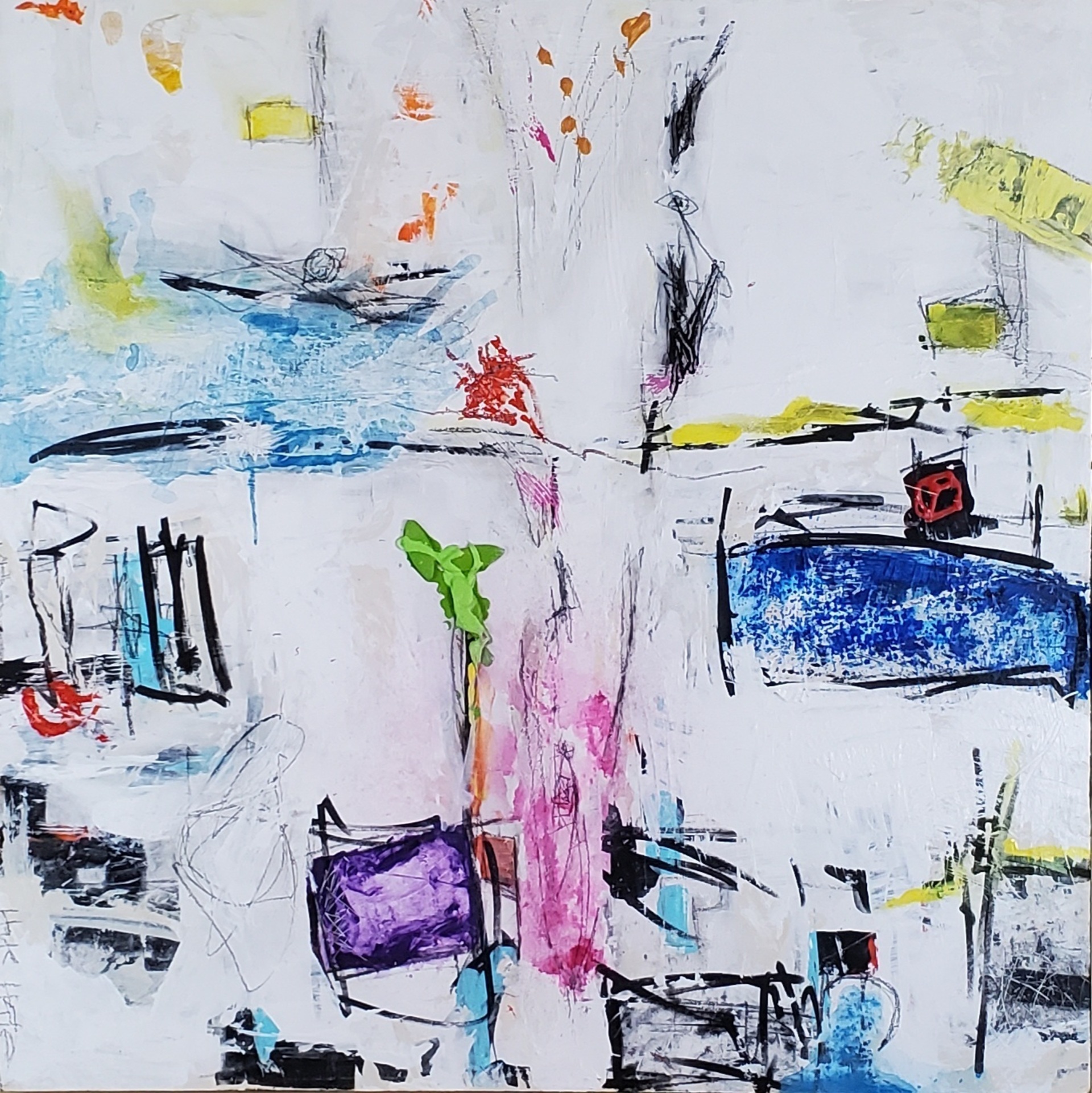 Abstract painting with colorful brushstrokes, lines, and shapes on a white background.