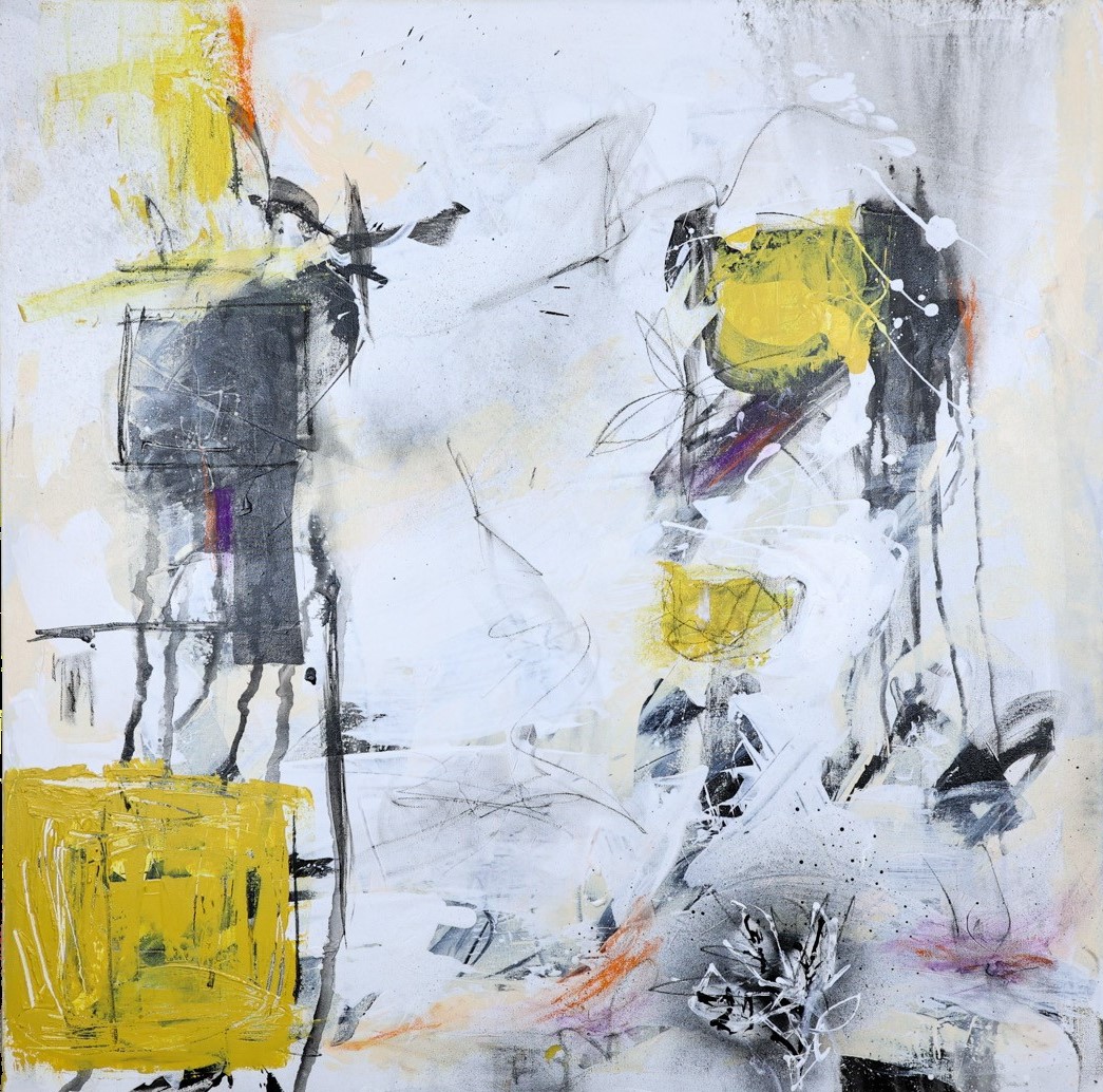 Abstract painting with yellow, black, and gray shapes and lines on a white background.