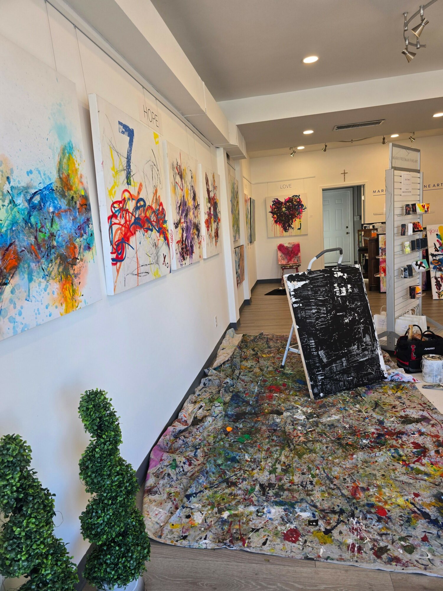 Art gallery with paintings on white walls, a colorful paint-splattered cloth on the floor, and potted plants in the foreground.