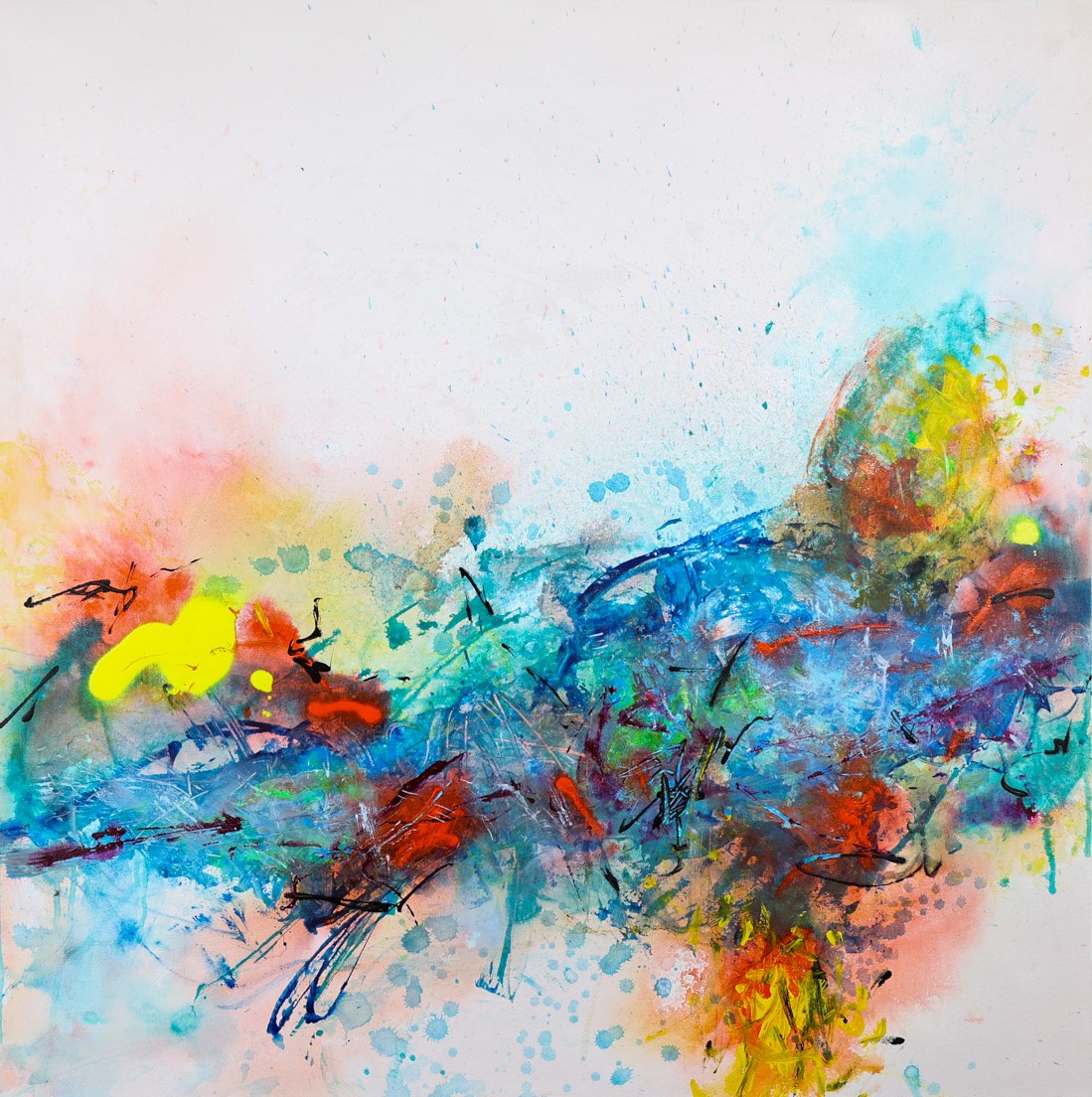 Abstract watercolor painting with vibrant splashes of blue, red, yellow, and green on a white background.