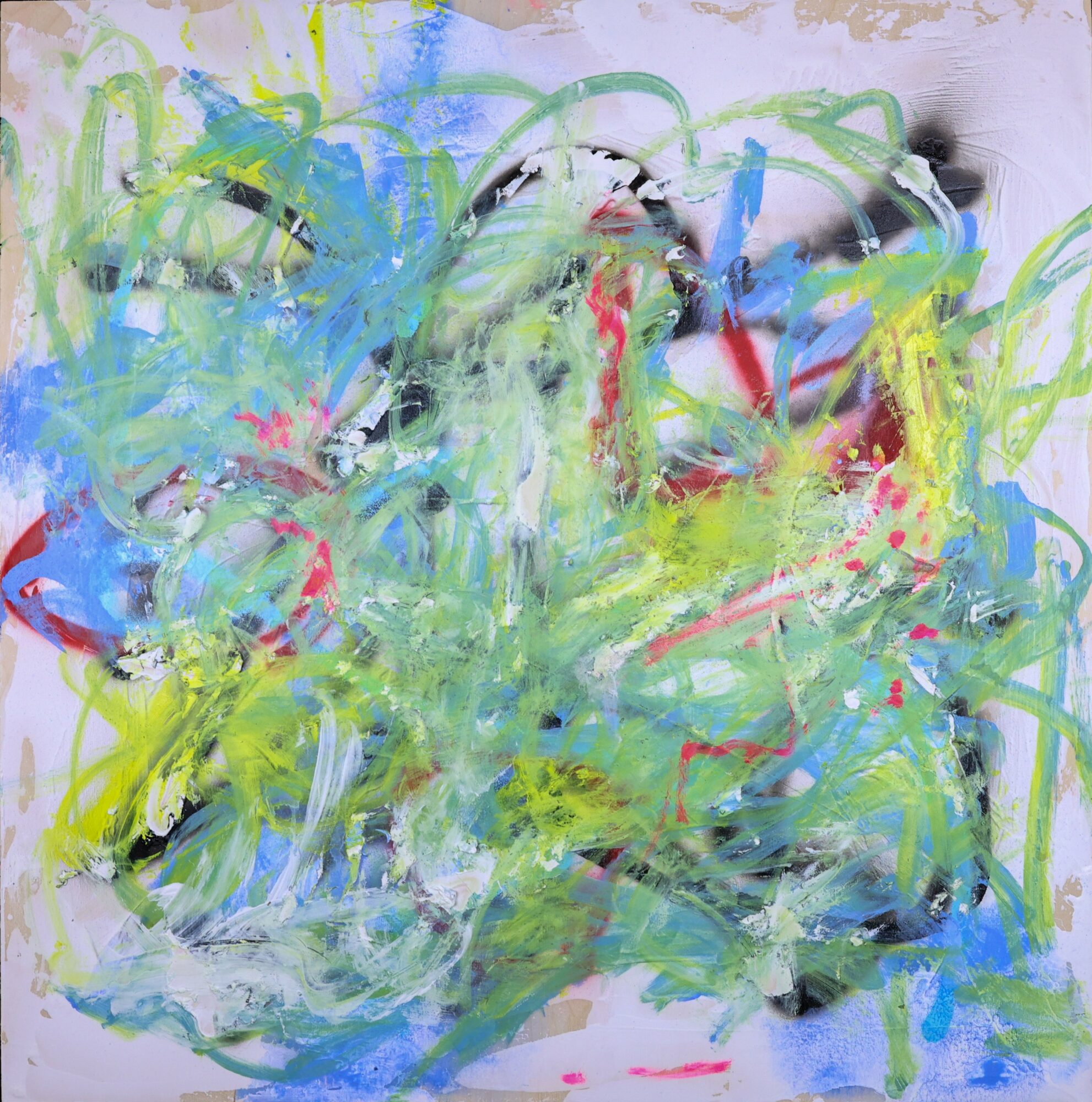 Abstract painting with vibrant green, blue, yellow, and red brushstrokes and splatters on a light background.