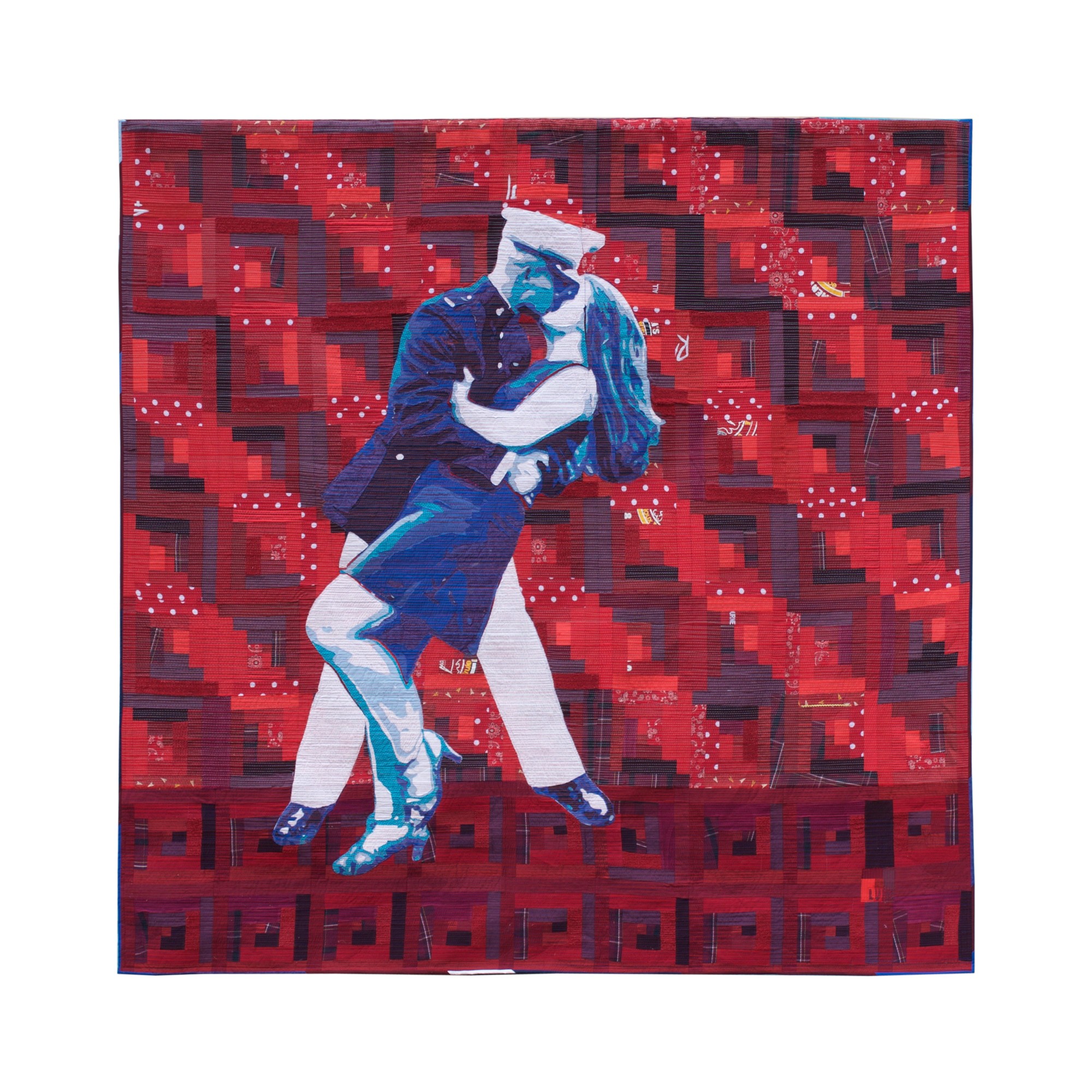 A pixel art style image of a couple dancing, with a red patterned background.