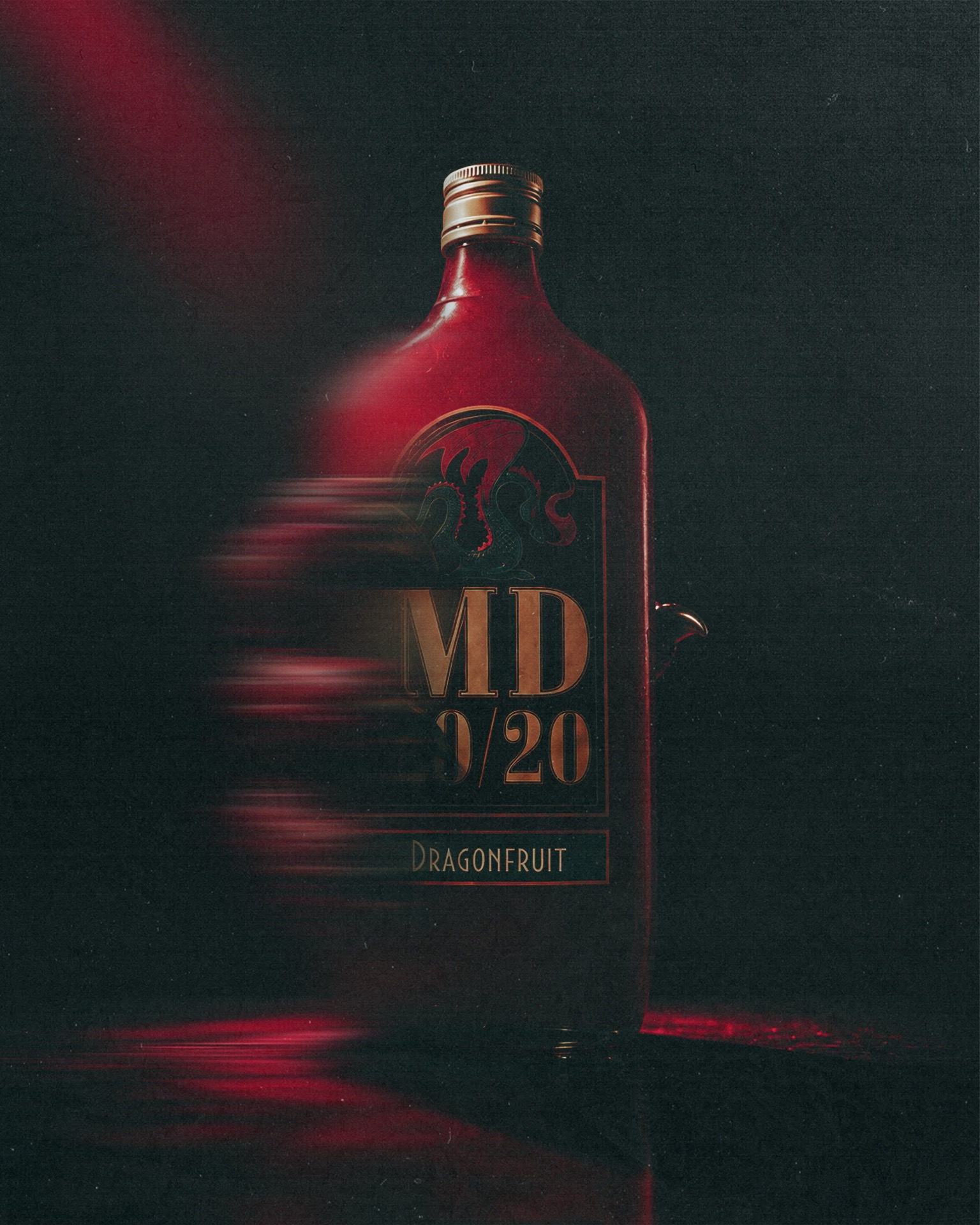 Bottle with a label reading MD 20/20 Dragonfruit, against a dark background with red lighting effects.