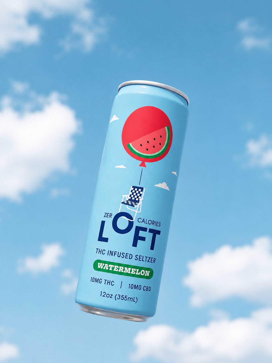 Can of watermelon-flavored THC-infused seltzer with a watermelon illustration, against a blue sky background.
