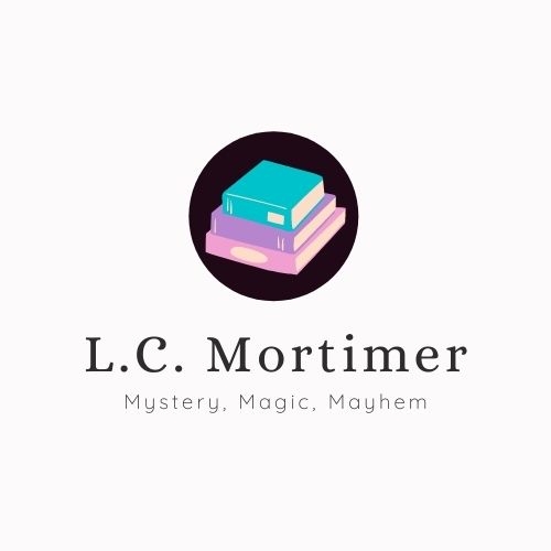 Logo with stacked books inside a black circle, text reads 'L.C. Mortimer' and 'Mystery, Magic, Mayhem'.