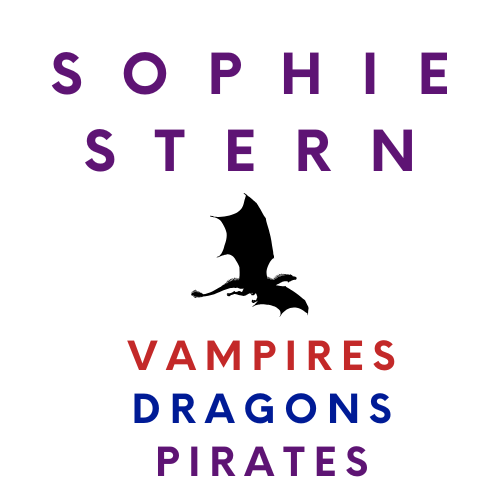 Text with author name Sophie Stern and words vampires, dragons, pirates, with a bat silhouette in the center.