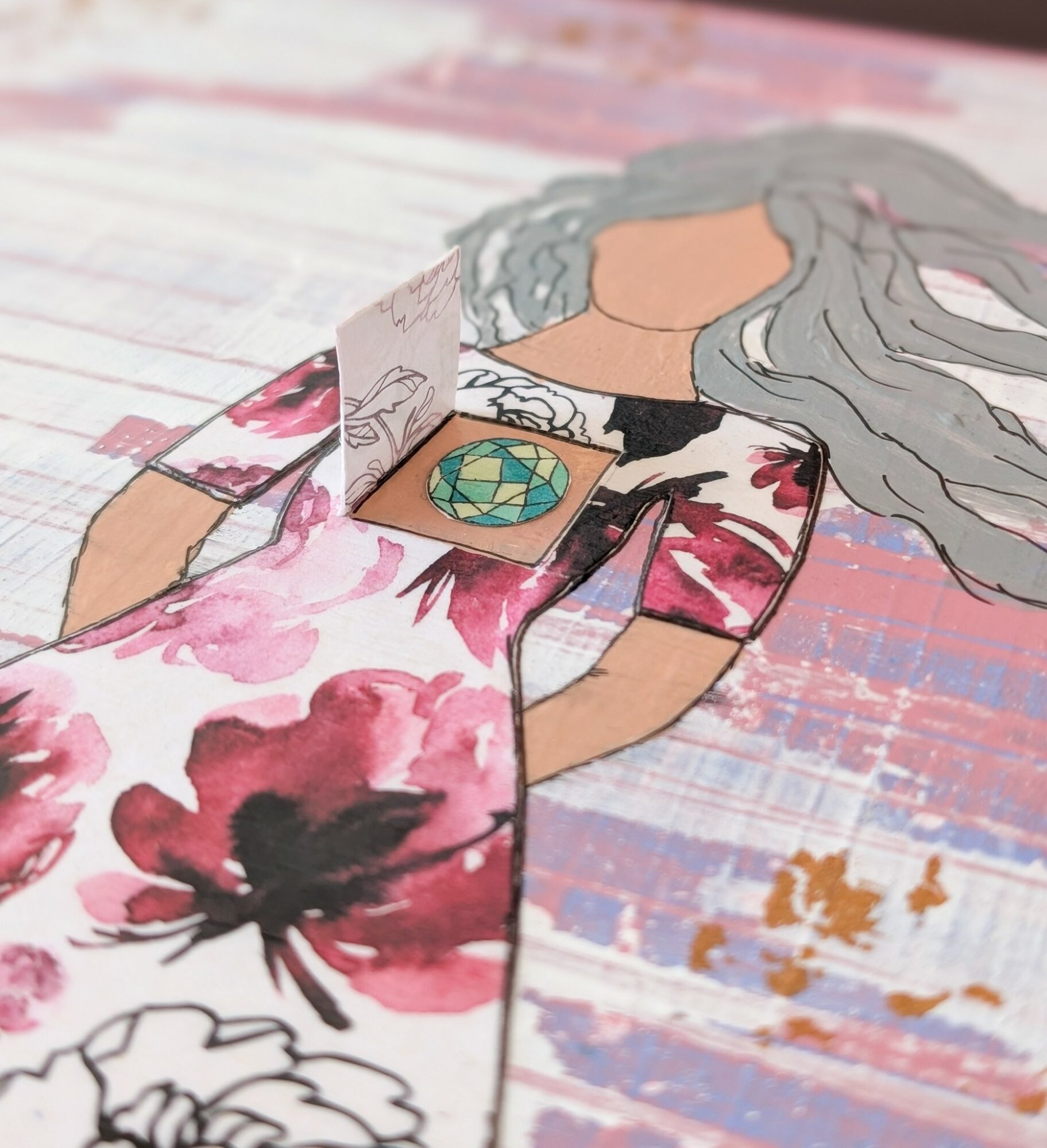 Drawing of a woman with long gray hair, wearing a pink floral dress, holding a globe, on textured background.
