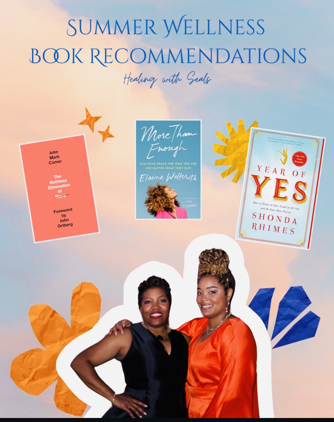 Two women smiling, one in black and the other in orange, with book covers and decorative paper shapes in background.