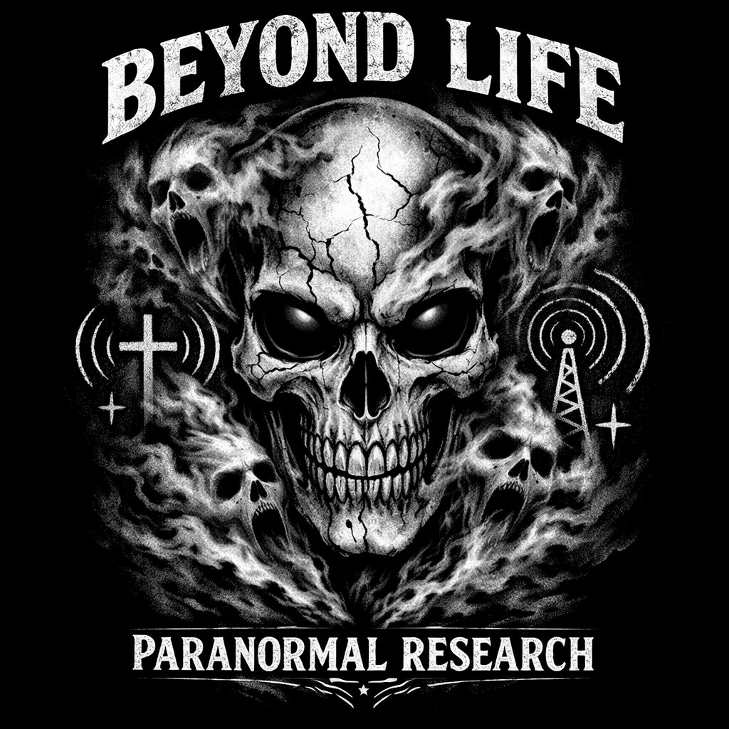 Skull with cracks surrounded by smaller skulls, with text 'BEYOND LIFE' above and 'PARANORMAL RESEARCH' below, on black background.