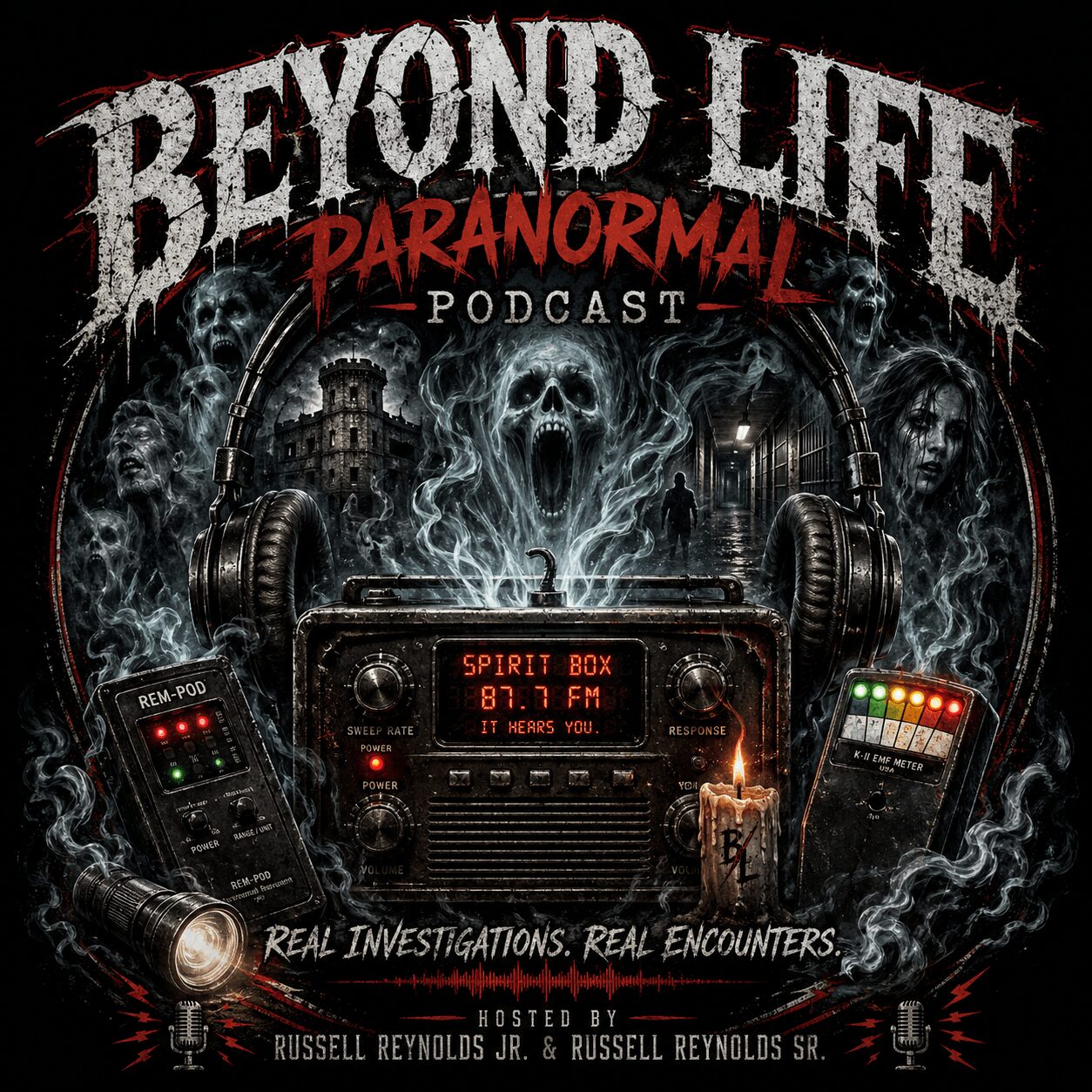 Podcast cover with skulls, ghostly faces, and radio equipment, titled 'Beyond Life Paranormal Podcast' with spooky background.