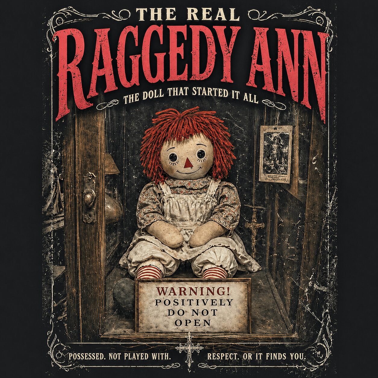 A doll with red hair sitting on a box in front of a wooden door, with a sign warning not to open.