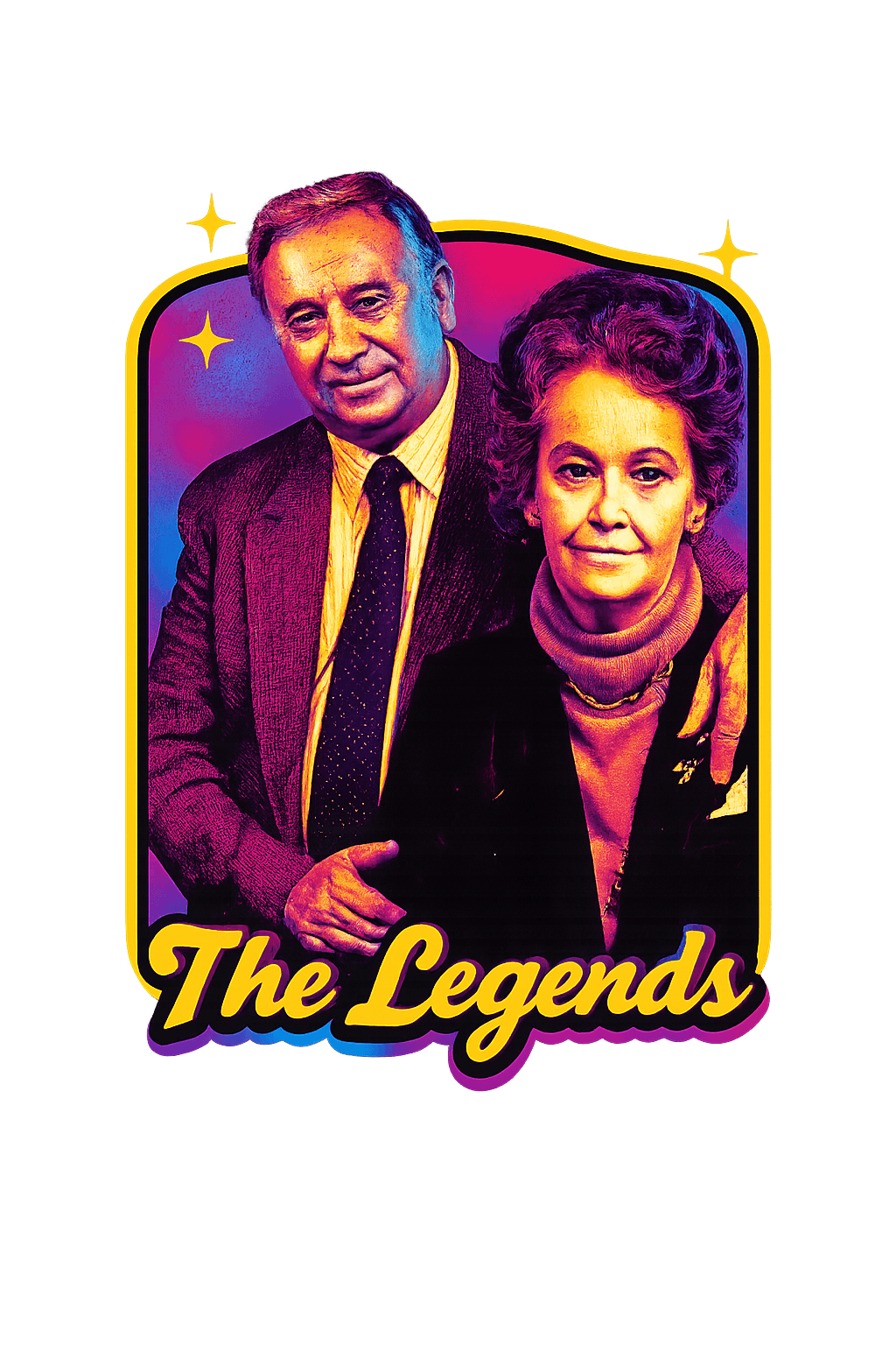 Two people, a man and a woman, pose together with a colorful background and the text 'The Legends' below.