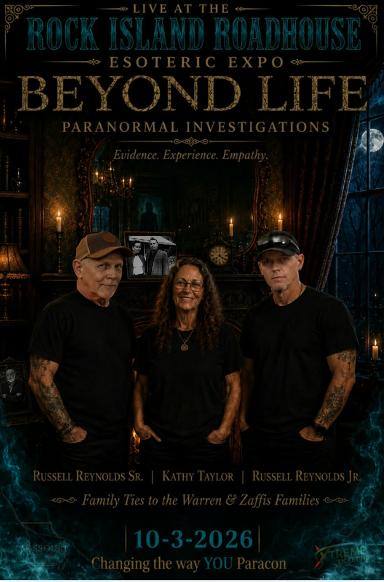 Three people standing in front of a stage with a banner for Beyond Life paranormal investigations, event date 10-3-2026, at Rock Island Roadhouse.